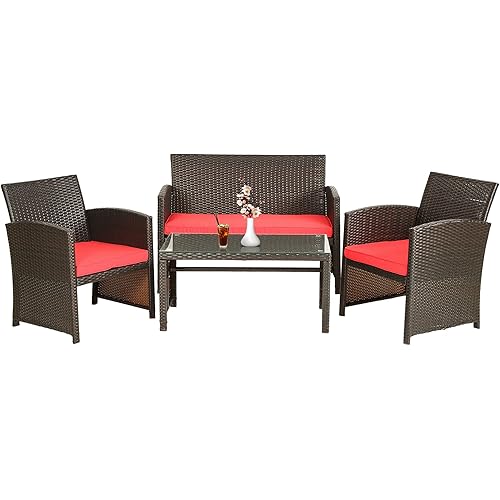 4 Pieces Outdoor Furniture Patio Furniture Set Brown Wicker Conversation Set Rattan Outdoor Chairs Loveseats with Red Cushion Glass Table for Outdoor Indoor Use Poolside Lawn Porch Balcony Garden