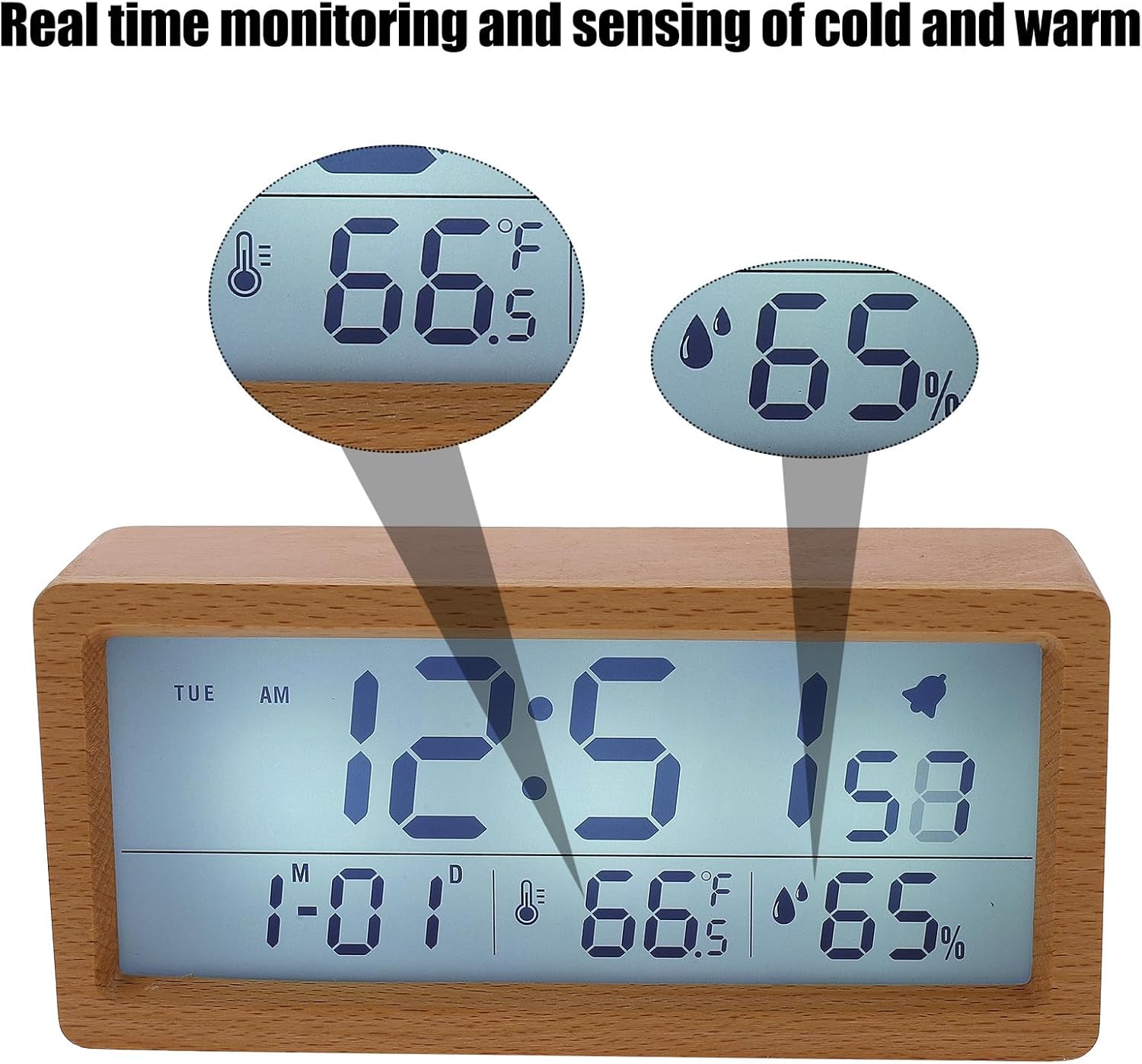 Multi-Function Digital Alarm Clock with Large LED Display, Wood Texture Desktop Thermometer and Humidity Monitor, Night Light, Compact Calendar Clock for Bedroom and Home Use,