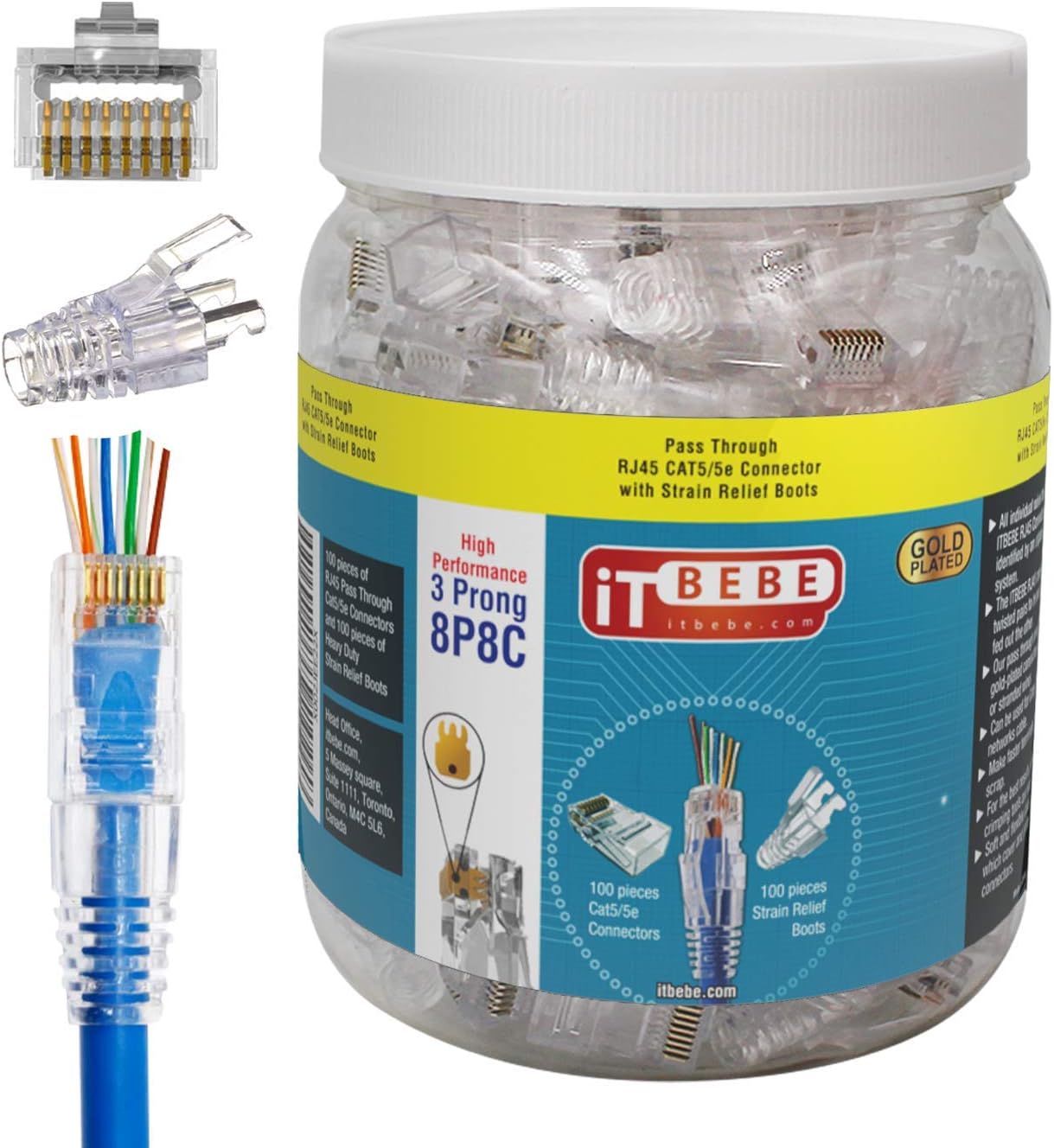 ITBEBE 100/100 RJ45 Cat5 Cat5e Pass Through Connectors for 24 AWG Cables - 100 Cat5e Passthrough Connector Ends and 100 RJ45 Connectors Clear Strain Relief for Clean, snag-Free Ethernet Patch Cord