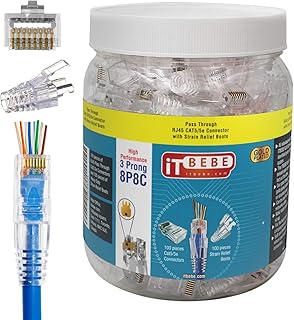 ITBEBE 100/100 RJ45 Cat5 Cat5e Pass Through Connectors for 24 AWG Cables - 100 Cat5e Passthrough Connector Ends and 100 RJ45 Connectors Clear Strain Relief for Clean, snag-Free Ethernet Patch Cord