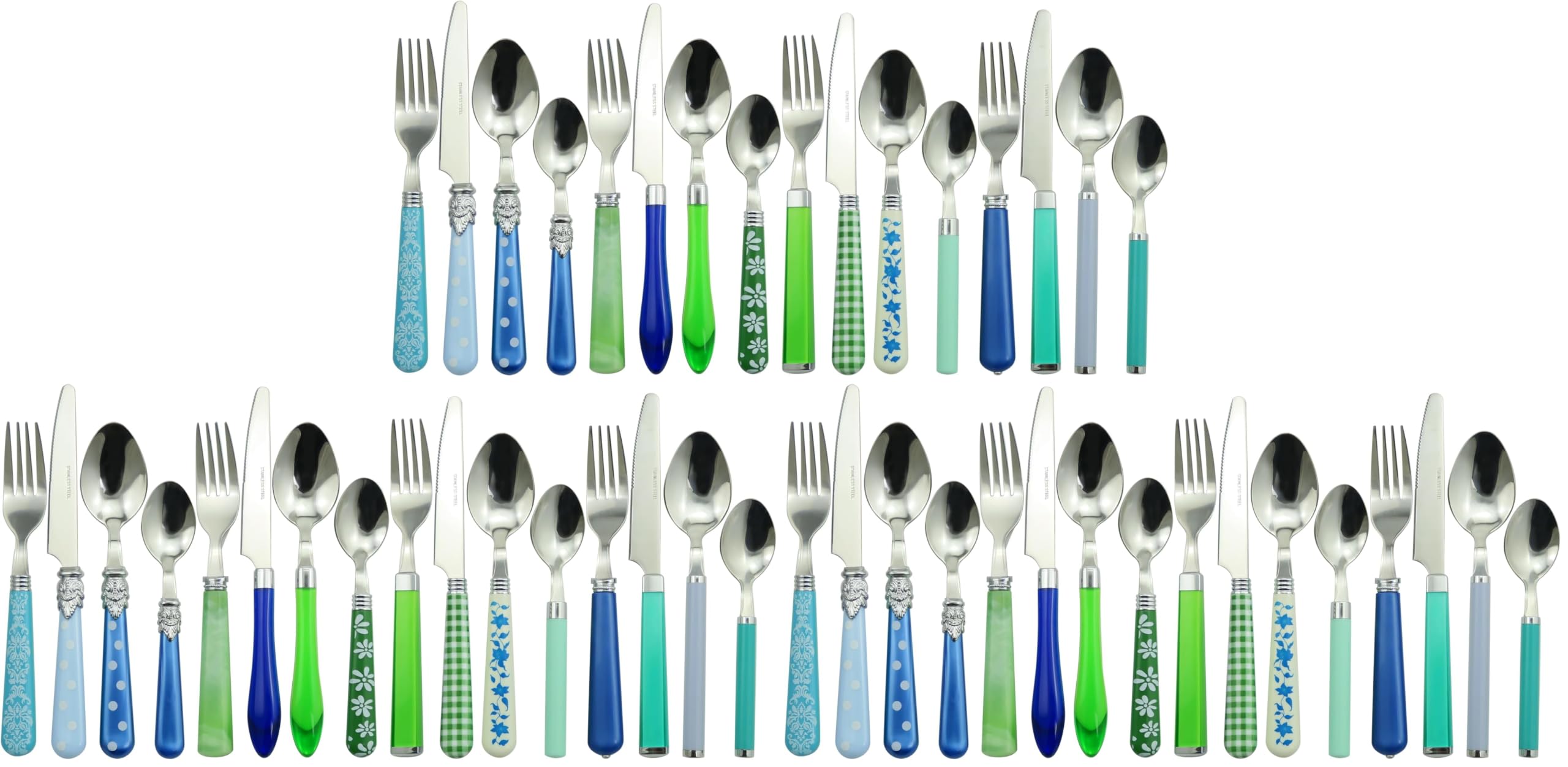 Gypsy Color Eclectic Blue &amp; Green Mix &amp; Match Stainless Steel Flatware Collection, Set of 16 (Pack of 3)