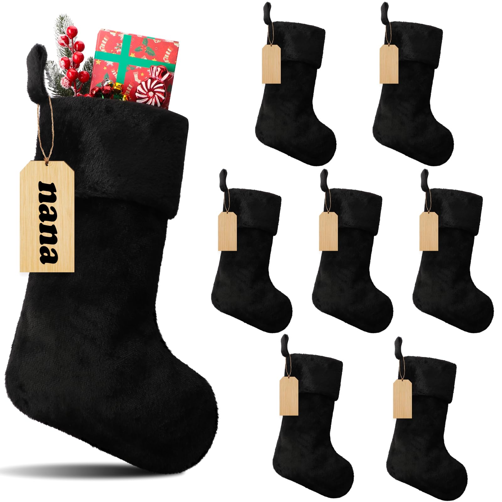 Glimin 8 Set 18 Inch Black Christmas Stocking Personalized Name Tags Thick Plush Fabric Hanging Stockings Unfinished Wood Tags for Xmas Holiday Party Tree Fireplace(Black)