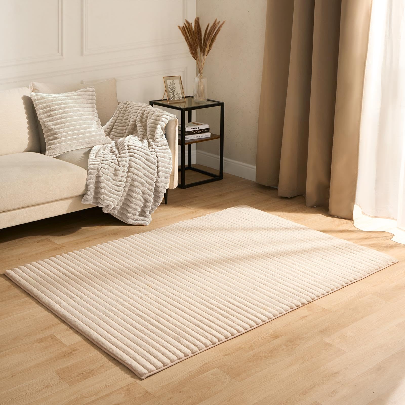 OHS Natural Rugs for Bedroom, Ribbed Faux Fur Carpet Runner Decorative Bedroom Rugs for Home Office Hallway Super Soft Comfy Non Slip Medium Rug, 170 x 120cm — image 1