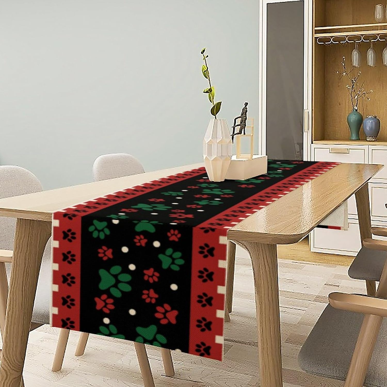 Dog Cat Paw Prints Table Runner, Red Black Xmas Kitchen Dining Table Pet Lover Gifts, Holiday Burlap Home Decoration Indoor Outdoor Party, 13x120 Inch
