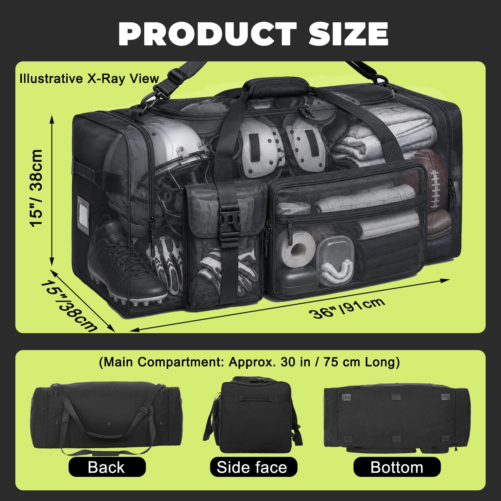 Bolsa de lona de 130 L, extra grande de 36 pulgadas, resistente, para gimnasio y viajes, bolsa de equipo de gran tamaño para baloncesto, béisbol, hockey, fútbol, cascos y almohadillas, duradera,