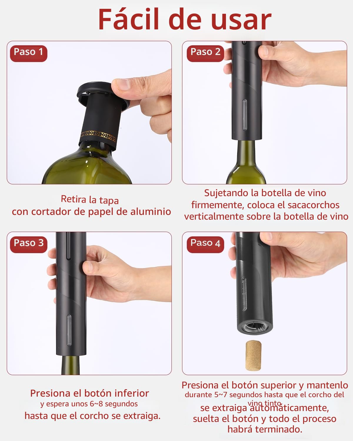 Sacacorchos eléctrico, abridor de vino electrico, set abrebotellas de vino que contiene cortador de papel de aluminio, vertedor de vino y tapón de vino al vacío, funciona con pilas