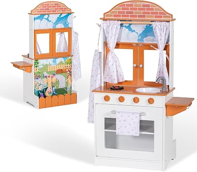 BRINJOY Play Kitchen Set for Kids, Double-Sided Wooden Farm Kitchen Playset, W/Oven, Window, Play Food, Apron, Towel, 2 in 1 Realistic Toddlers Pretend Play Cooking Toy Gift for Girls Boys Age 3+