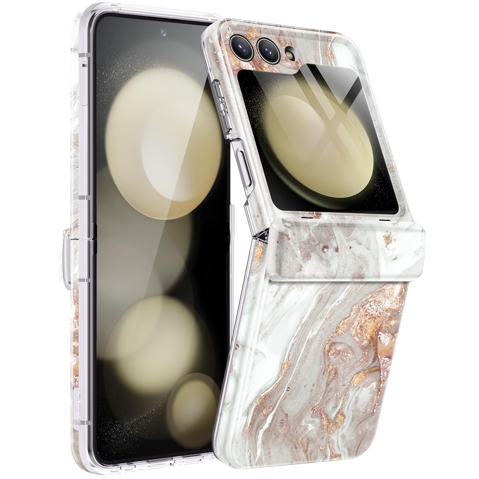 GVIEWINDesign for Samsung Galaxy Z Flip 5 Case with Hinge Protection, [Built-in Front Screen Protector] Marble Hard PC Slim Shockproof Full Body Protective Z Flip5 5G Cover (Pearlescent/Gold)