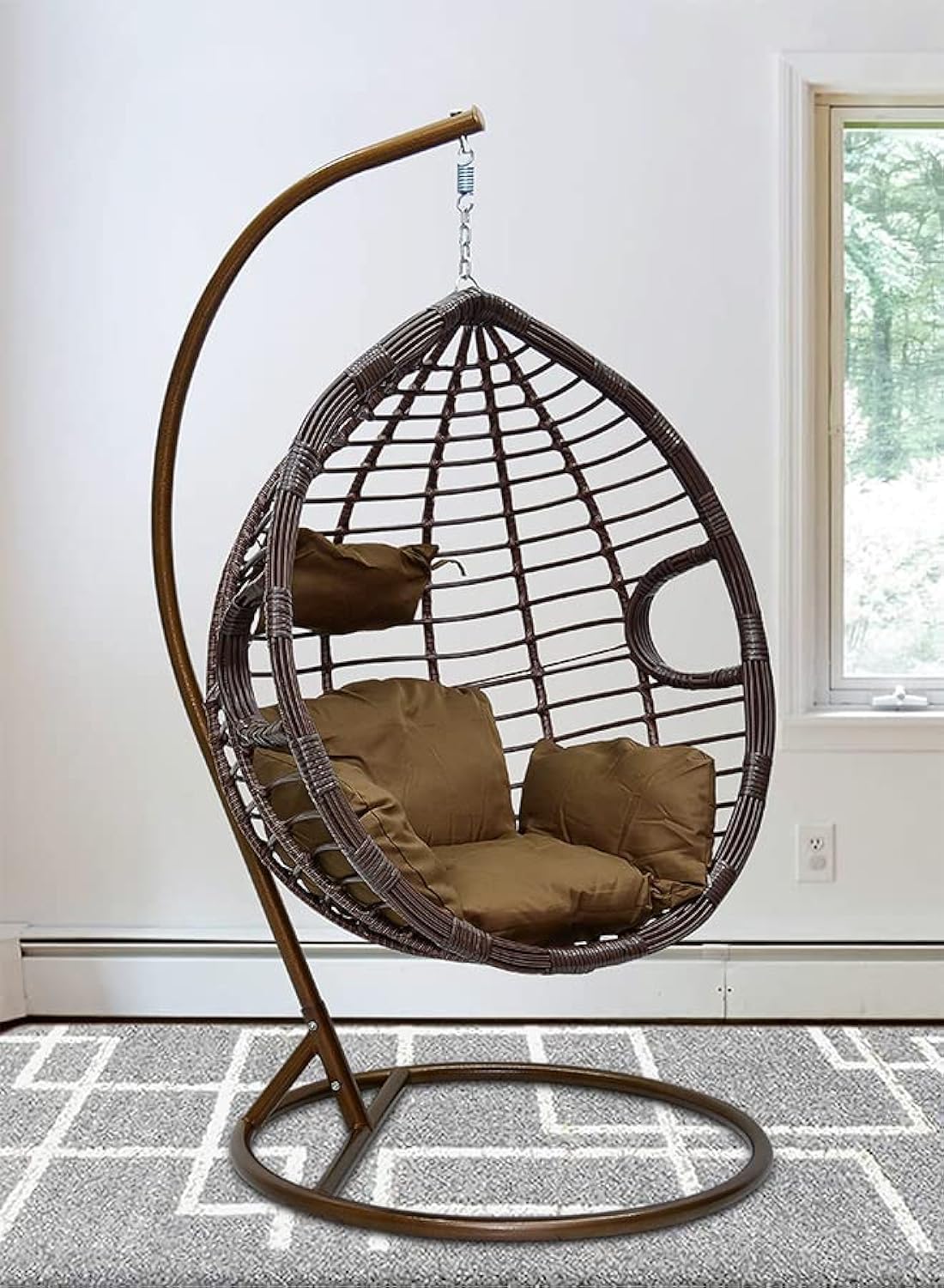 Best Hanging swing chair MH- 2006 Hanging Egg Indoor Outdoor Patio Wicker Rattan Swing Chair with UV Resistant Random Washable Cushions & Iron Frame for Garden, Living Room & Backyard & (Brown)