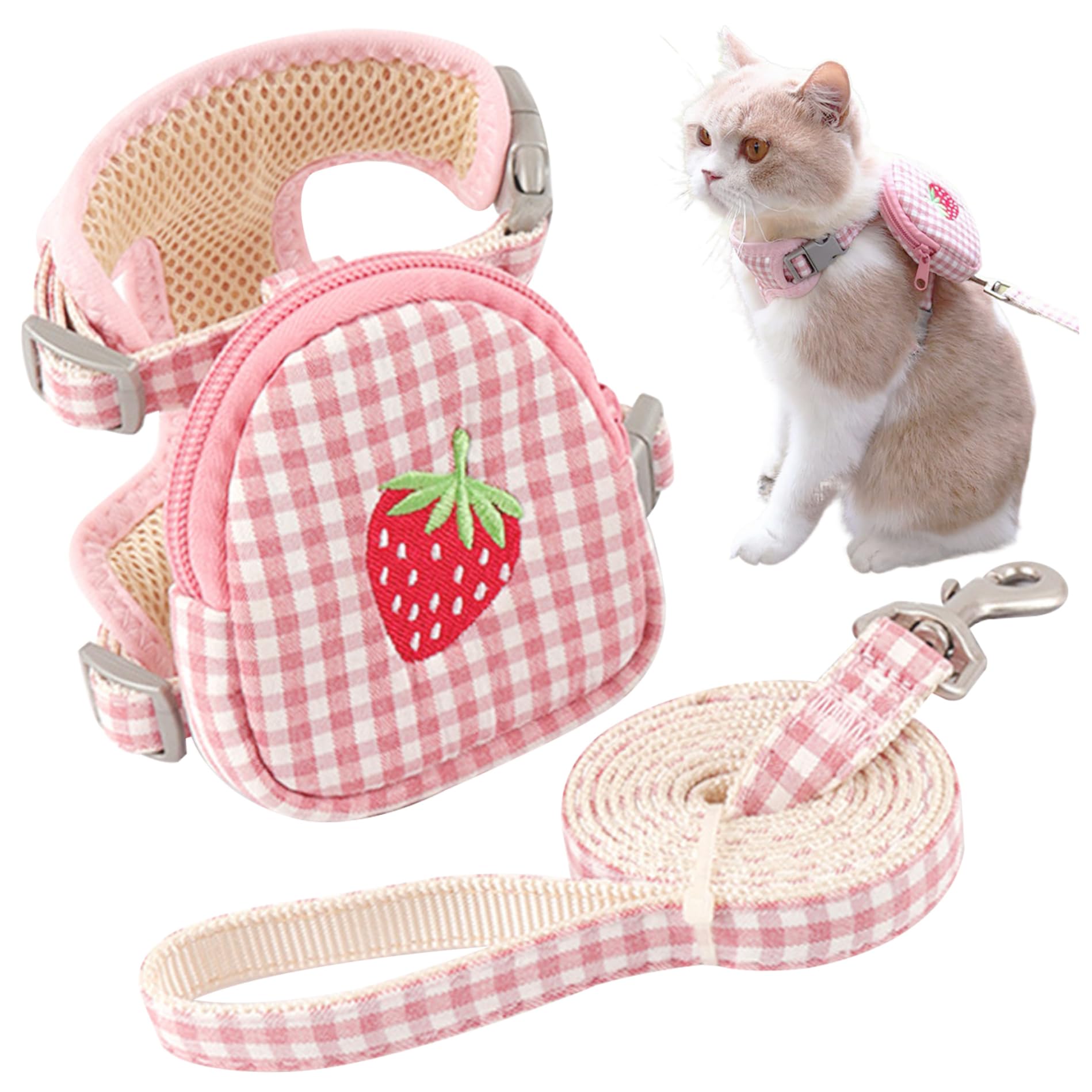 Arnés y correa para gatos y perros pequeños talla M con estampado a cuadros y bolsa de fresas