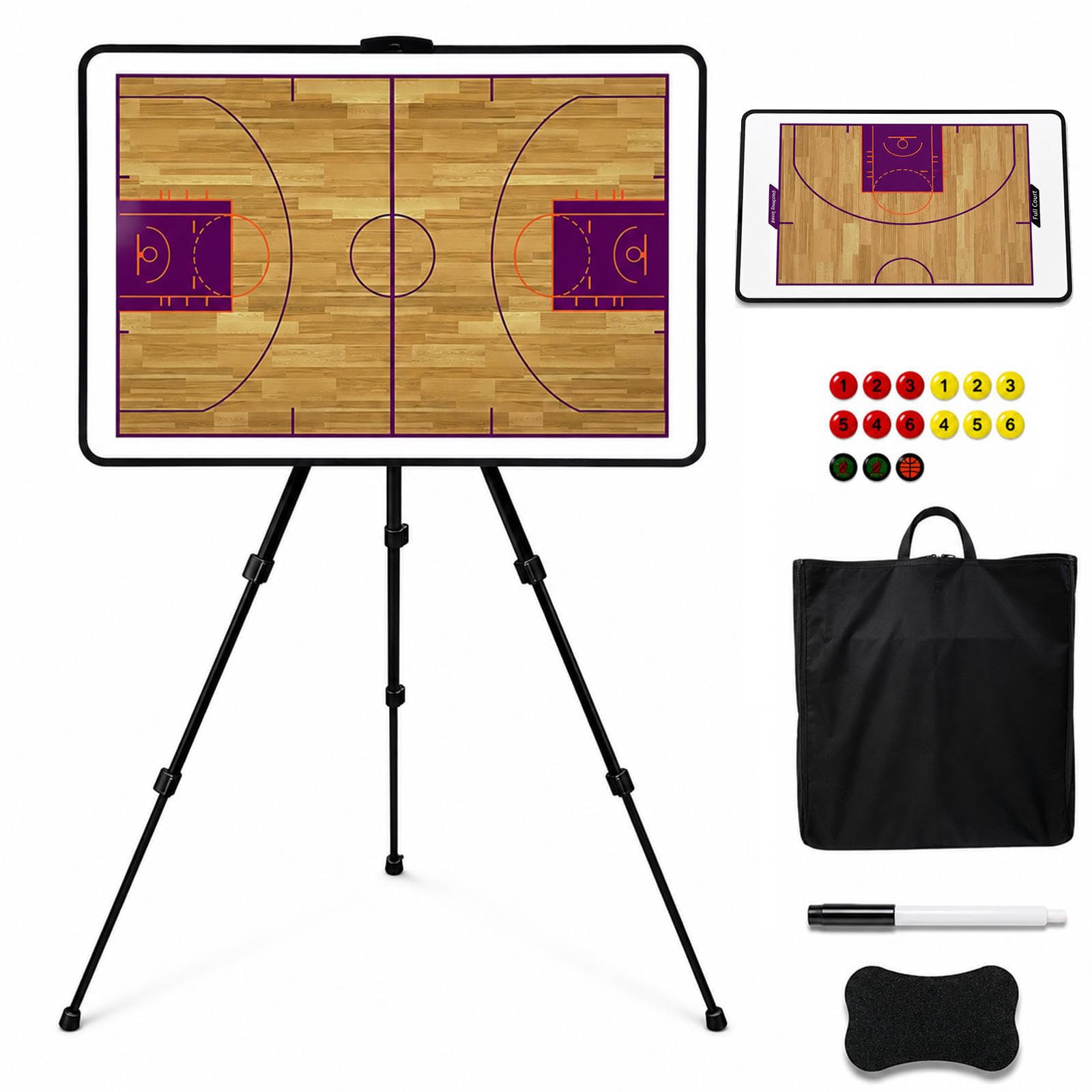 Pizarra Baloncesto Entrenador Magnética con Trípode y Bolsa | Diseño de cancha completa y media cancha con fichas magnéticas, escritura borrable, trípode y bolsa de transporte.