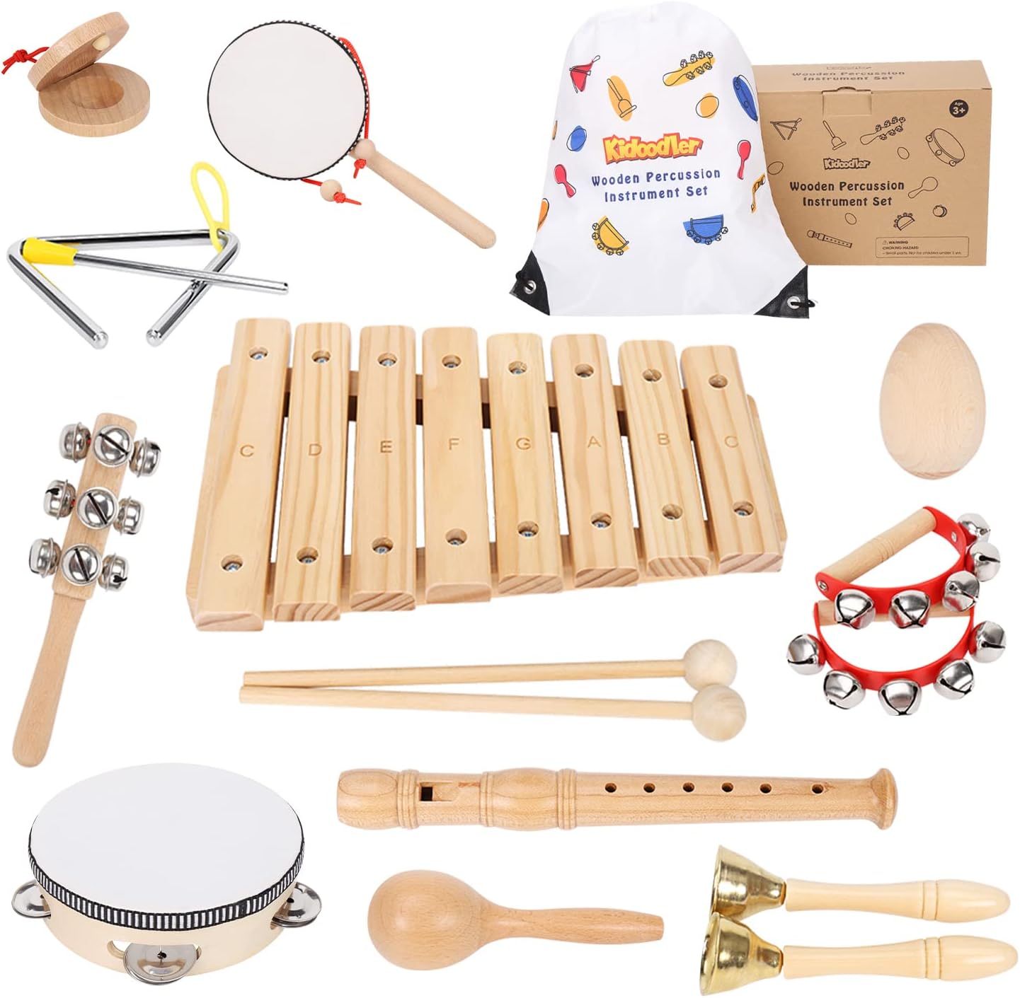 Kidoodler Toddler Musical Instruments with Xylophone & 8 Nursery Rhymes Tutorials, 100% Natural Wood Percussion Instruments Set Eco-Friendly Music Toy for Kids Preschool Educational Boys Girls