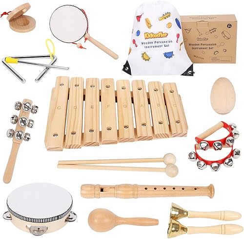Kidoodler - Instrumentos musicales para niños pequeños con xilófono y 8 canciones de guardería tutoriales de percusión de madera 100 natural juego
