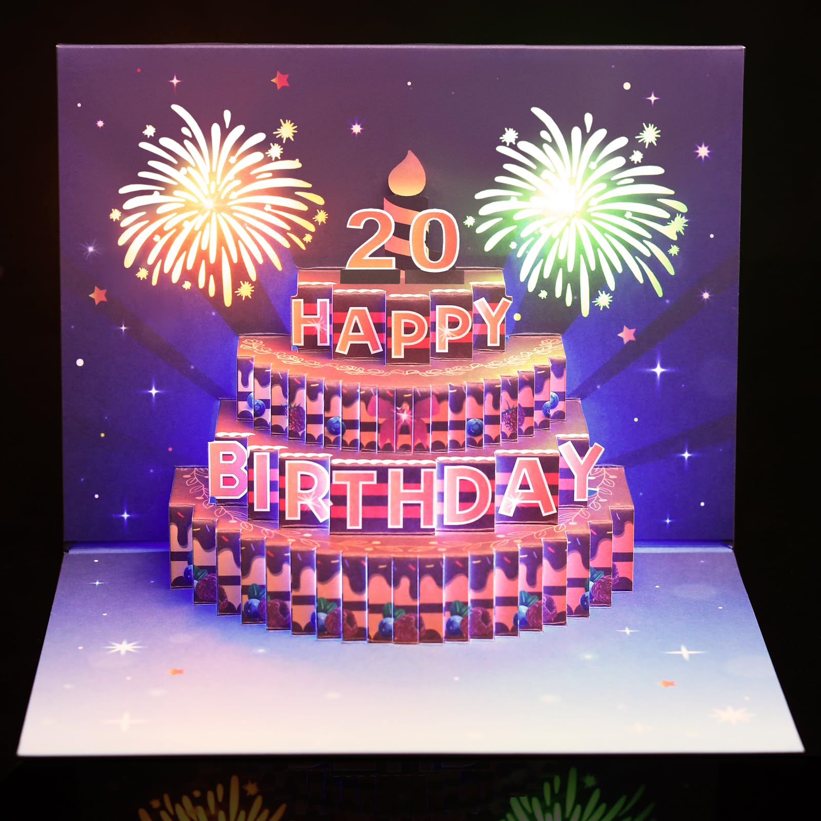 Yinqing 20th Birthday Cards, Light and Music Birthday Cake Happy Birthday Card, 3D Pop Up Birthday Gift Greeting Card for Women Men Sister Brother