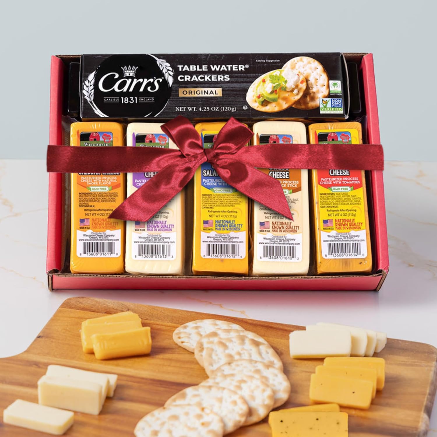 Wisconsin Cheese Company - Specialty Wisconsin Cheese & Cracker Gift Box - 100% Wisconsin Gouda, Smoked Cheddar, Salami, Tomato Basil Cheddar, Swiss (Pack of 5 Blocks) | Perfect for Parties