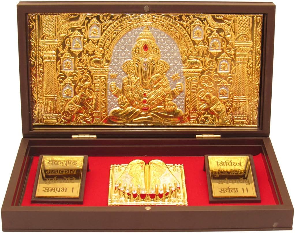 GoldGiftIdeas 24K Gold Plated Shree Ganesha Photo Frame with Charan Paduka Box for Pooja Room (Dagadu Seth), Return Gifts for Diwali, Ganpati Wooden Momento Gift, Good Luck Gift