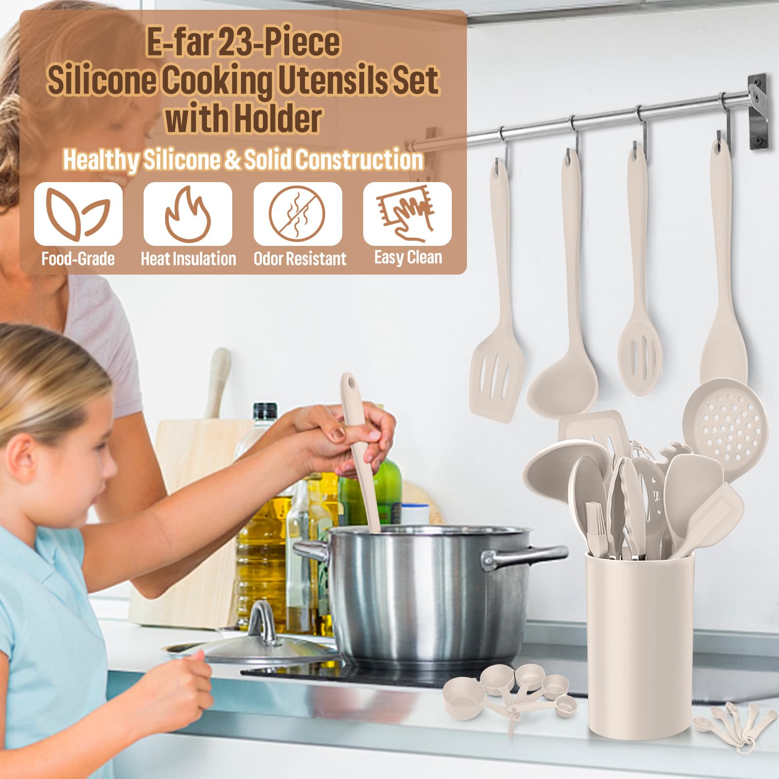 E-far - Juego de utensilios de cocina de silicona, 23 piezas, color caqui, con soporte para utensilios de cocina antiadherentes, incluye espátula/cucharón/cucharón/pinzas/volteador, resistente al