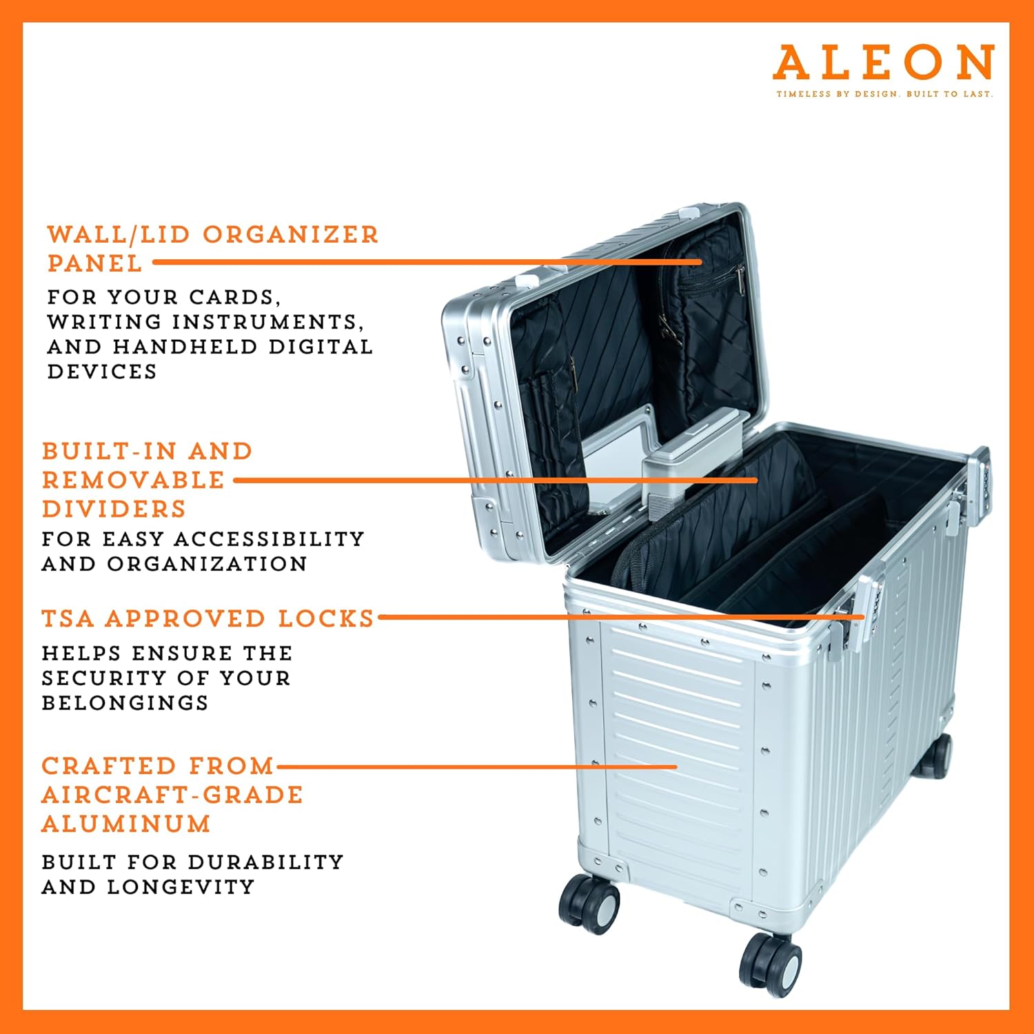 Aleon 17” Four-wheeled All Aluminum Pilot Case, Carry-On Luggage, Rolling Laptop Bag for Men and Women, Personal Item Travel Bag with TSA-Approved Resettable Locks, Overhead Compatible (Platinum)