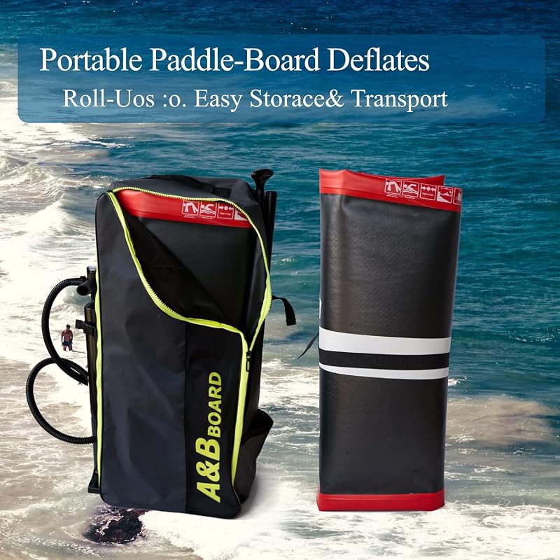 A&BBOARD Felfújható SUP Paddleboard Kezdőknek 350x81x15 cm, Fekete-Piros, 130 kg Teherbírás, Hátizsákkal, Evezővel és Kiegészítőkkel