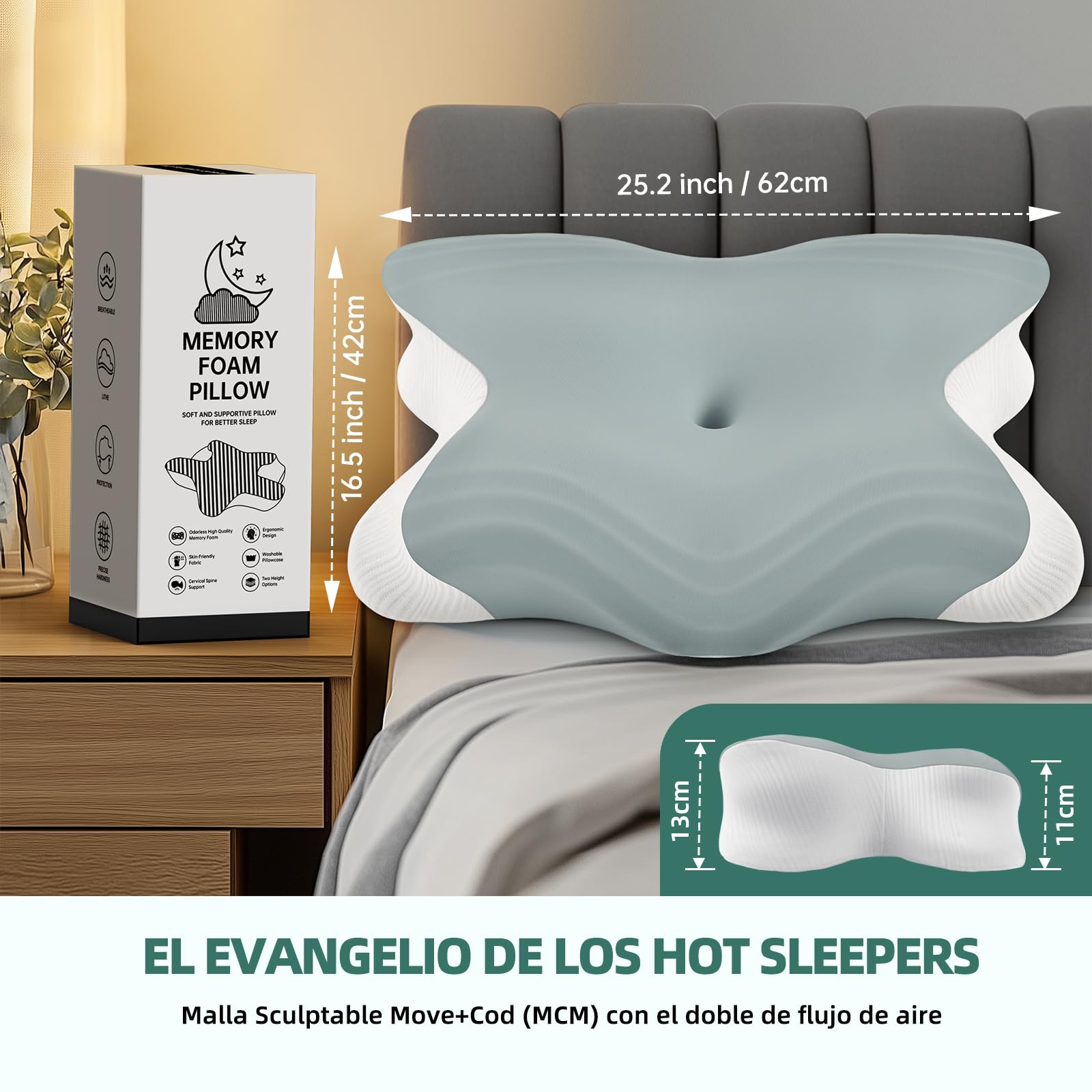 Almohada Cervicales y Cuello 2 en 1, 62cm x 42cm x 13/11cm Almohada Ergonómica para Lado, Espalda y Estómago, Almohada Ortopedica Cervical para Soporte de Hombro/Cuello/Cabeza - Gris
