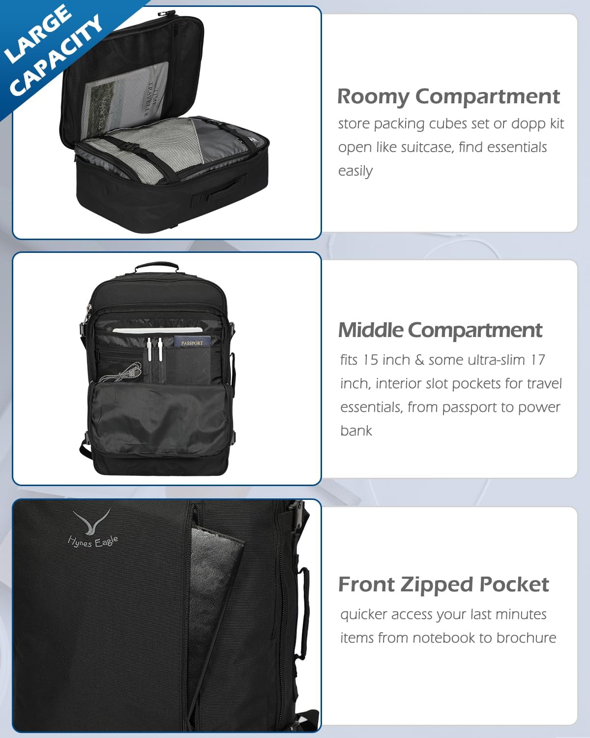 Hynes Eagle Carry on Backpack 38L Large Travel Backpack for Women Flight Approved Weekender Bag Laptop Backpack Men 15 inches Black 2023 Black 2023 38L Single Backpack