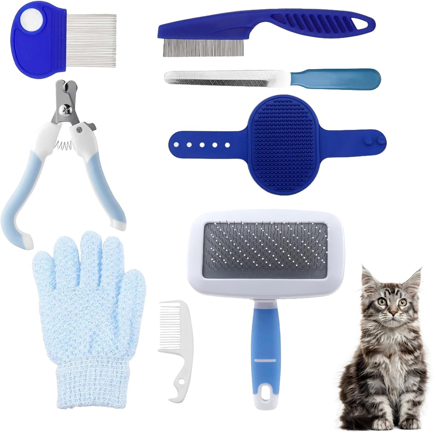 Set de 8 pièces de toilette pour petits animaux domestiques, kit de toilette pour lapins avec brosse à tamis, gant de bain et de massage, peigne à hamster (bleu)