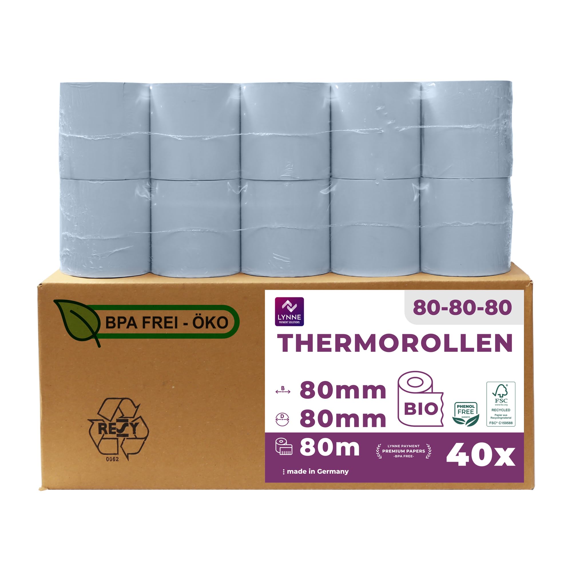 ÖKO rolki termiczne 80 mm x 80 m x 12 mm – rolki kasowe – rolki bonowe do kasy fiskalnej z drukarką bonów – papier termiczny bez fenoli (40 rolek)