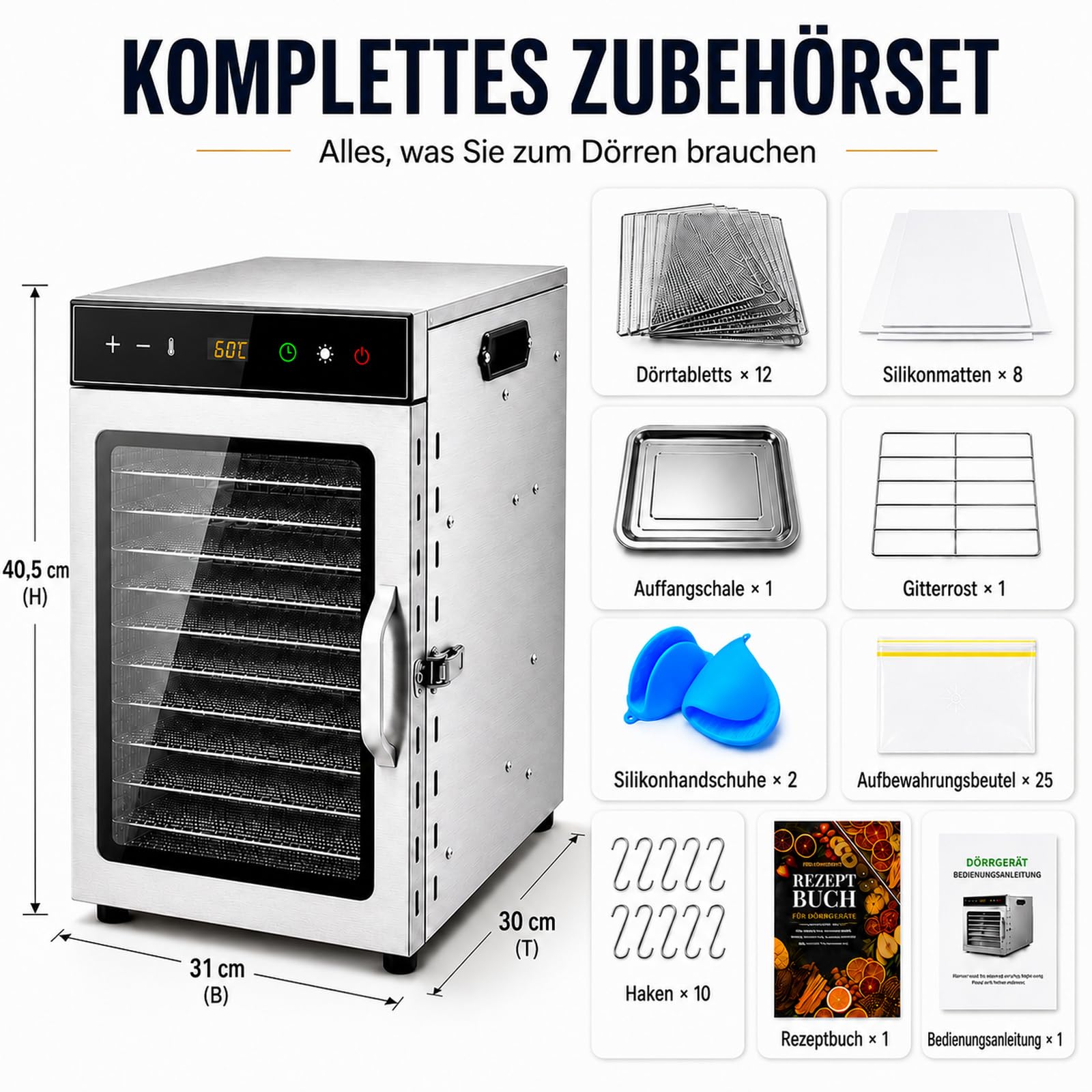 Dörrautomat mit 12 Edelstahl, oiyocemo Dörrgerät für Jerky, 1000 W für Kräuter, Temperaturregelung bis 90 °C, 24-Stunden-Timer, leistungsstarke Trocknungsfunktion für Obst und Joghurt