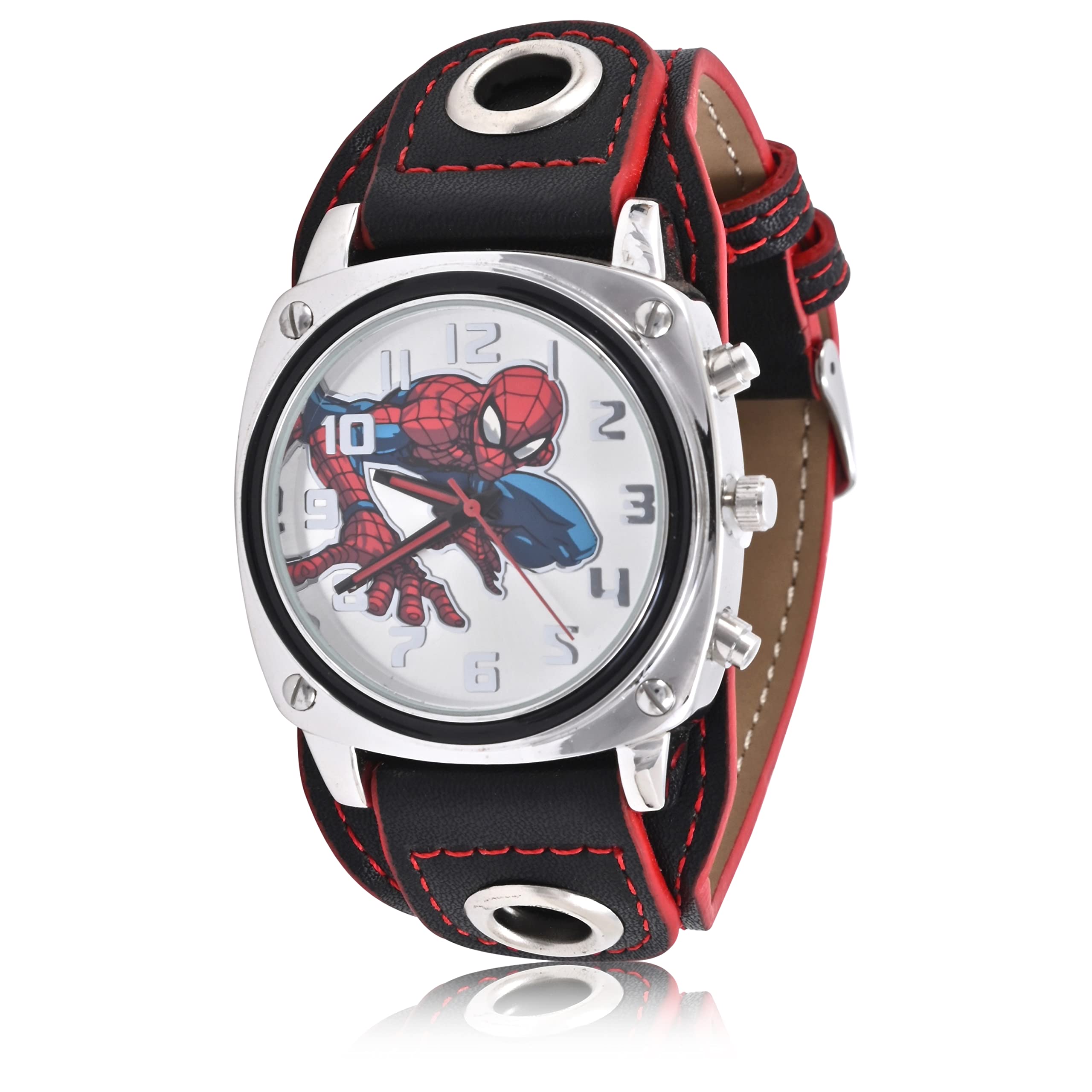 Accutime Marvel Spiderman Adult Men's Analog Watch - Faux Leather Strap, Glass Dial Face, Mattle Case, Male, Analog Wrist Watch in Black (Model: SPMAQ16031AZ), Black, Analog Wrist Watch