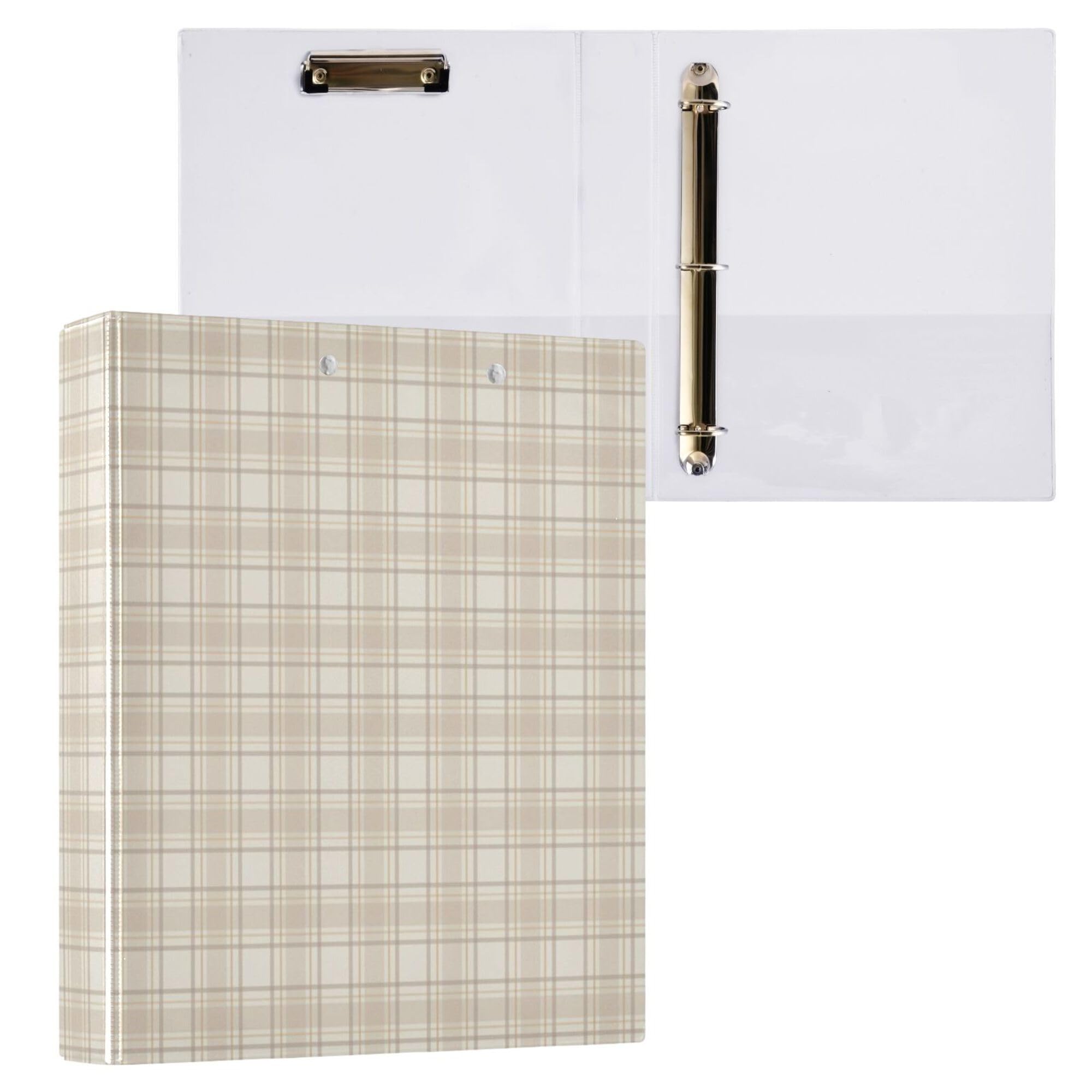 Buffalo Plaid Round Ring Binders 1.5 Inch Chessboard Beige White 3 Ring Clipboard Binder for Office School Work Supplies File Folder Document 200
