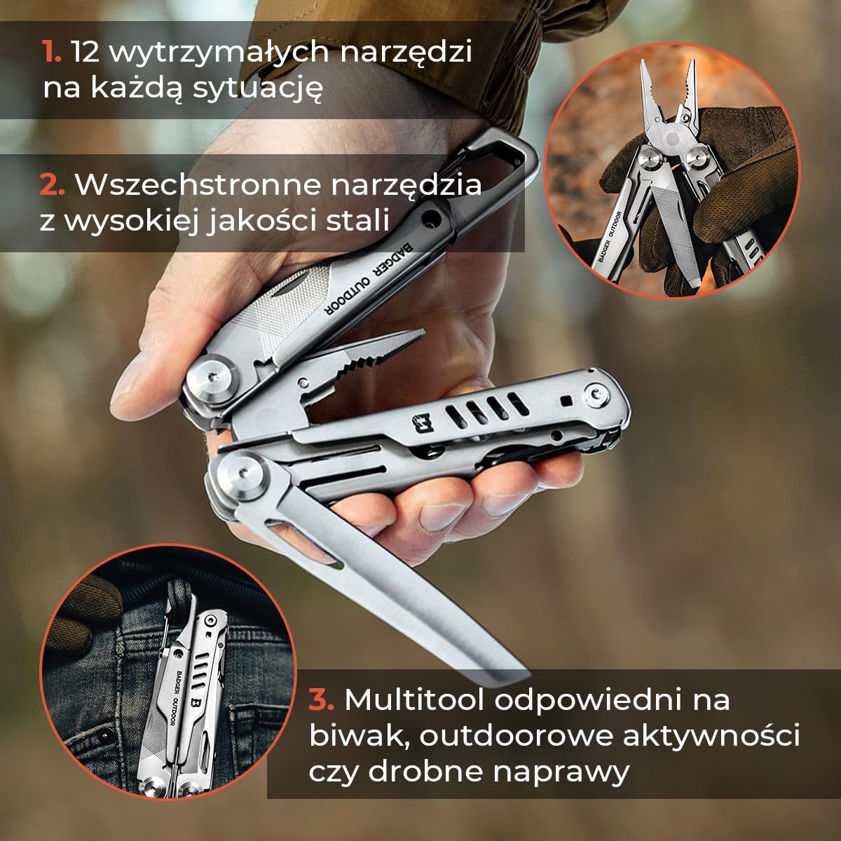 Badger Outdoor Fang Multitool 12w1 - Nóż Wielofunkcyjny | Ze Stali Nierdzewnej, Narzędzie Survivalowe z Kombinerkami i Nożyczkami, Wysokiej Jakości Gadżet Outdoorowy