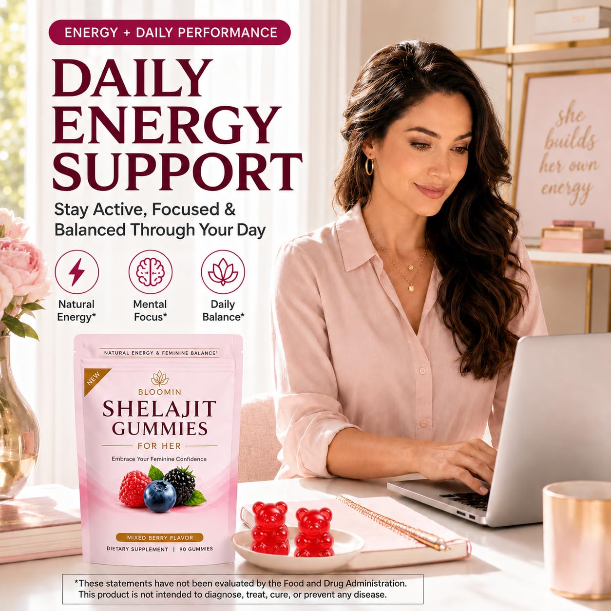 CodinAgrin Bloomin Shilajit Gummies for Women, Shilajit Extract, Vitamin C, B12 & Biotin, Daily Energy & Vitality Support, Mixed Berry Flavor, 90 Count — Amazon image 6