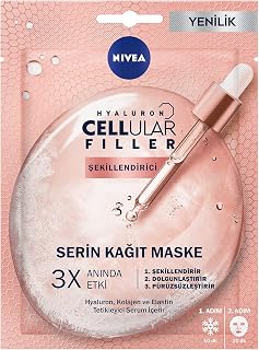 NIVEA Hyaluron Cellular Filler Şekillendirici Serin Kağıt Yüz Maskesi, 1 Adet, Hyaluronik Asit, Kolejen Tetikleyici, Kırışıklık Azaltıcı Yüz Maskesi, 24 Saat Cilt Nemlendirici