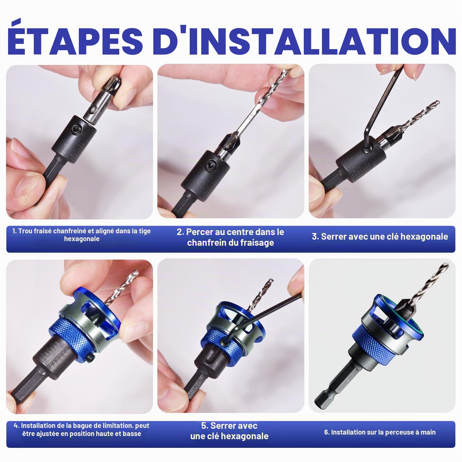Forets à Bois 5 Pièces, HSS-M2, Tige Hexagonale 1/4" | Fraisés avec Butée de Profondeur et Embout Cruciforme, Trous Précis, pour Atelier, Travail du Bois (Bleu)
