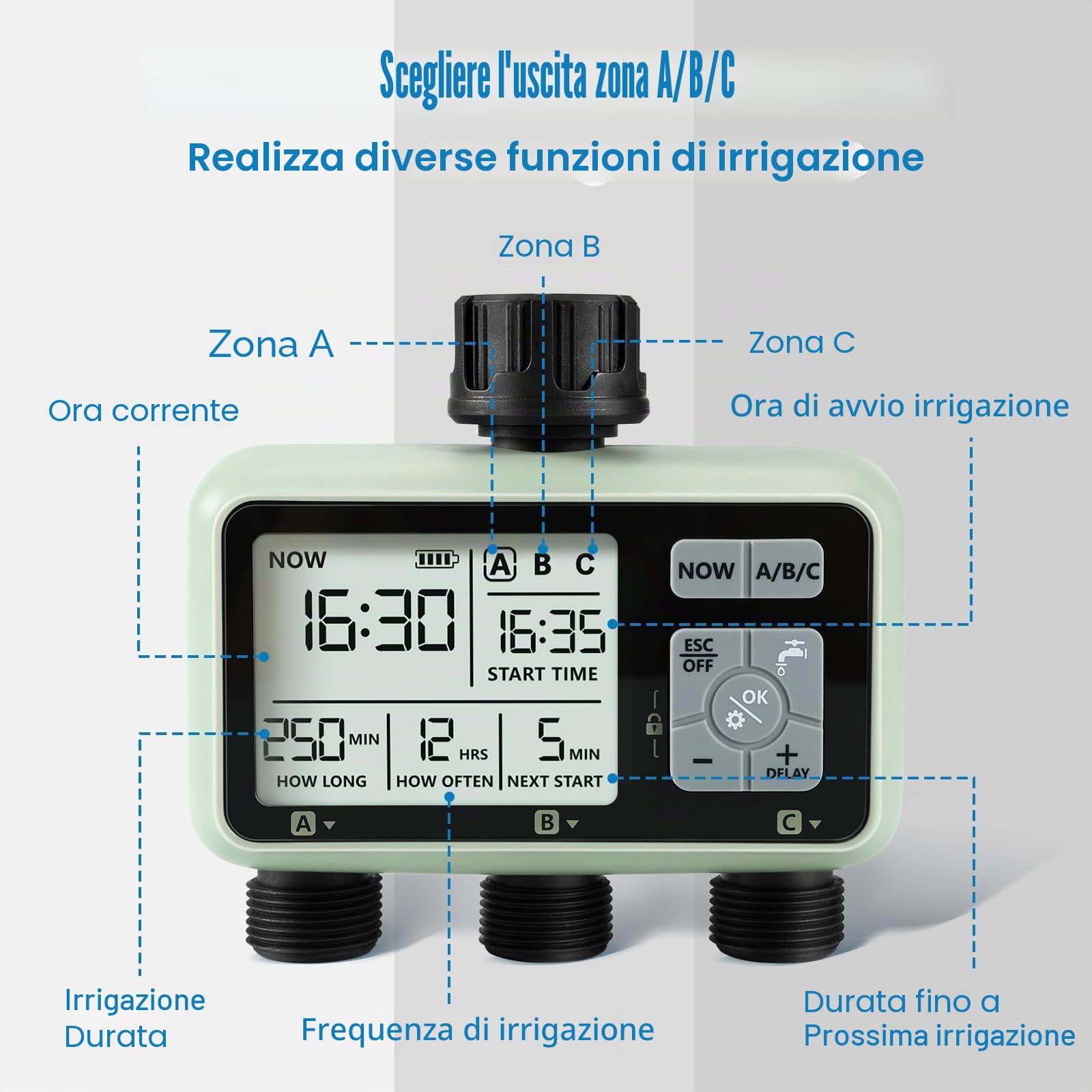 CROSOFMI 3 Vie Timer Irrigazione Automatica Digitale Centralina Irrigazione Temporizzatore Programmatore Irrigazione Giardino /IPX5 Impermeabile/Ritardo Pioggia/Modalità di Irrigazione Manuale