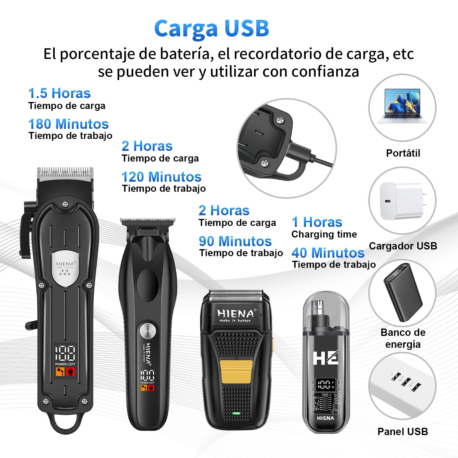 HIENA PRO Maquina de Cortar Pelo Hombre, Inalámbrico Cortapelos, Recortadora de Barba, Afeitadora de Láminas, Cortapelos de Nariz, Juego Completo Kit Barbero Eléctrico