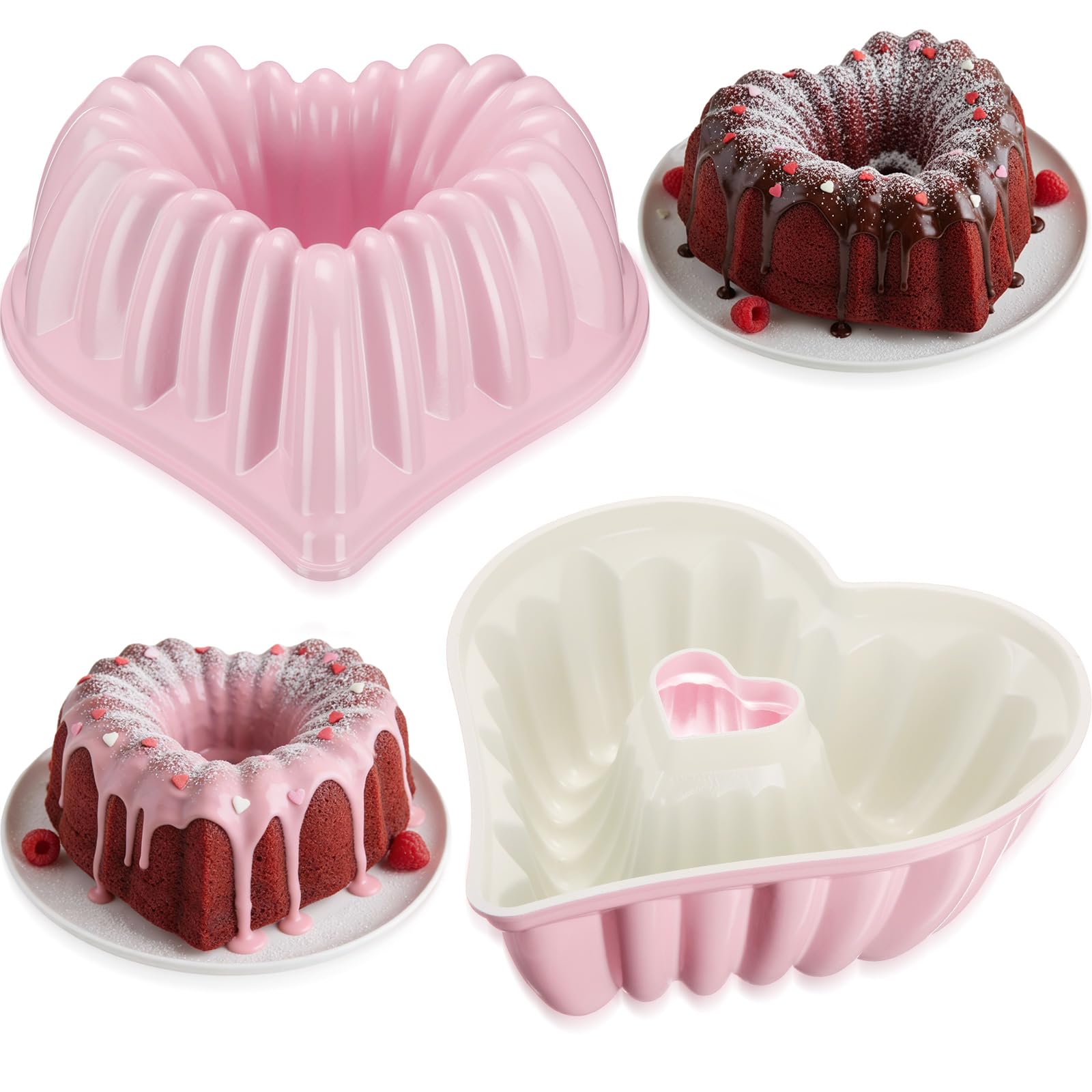 Layhit 2 Stück 25,4 cm herzförmige geriffelte Kuchenform aus Aluminium, Herz, Kuchenform, antihaftbeschichtet, Backform für Geburtstag, Hochzeit, Familie, Party, Küchenzubehör (Rosa)