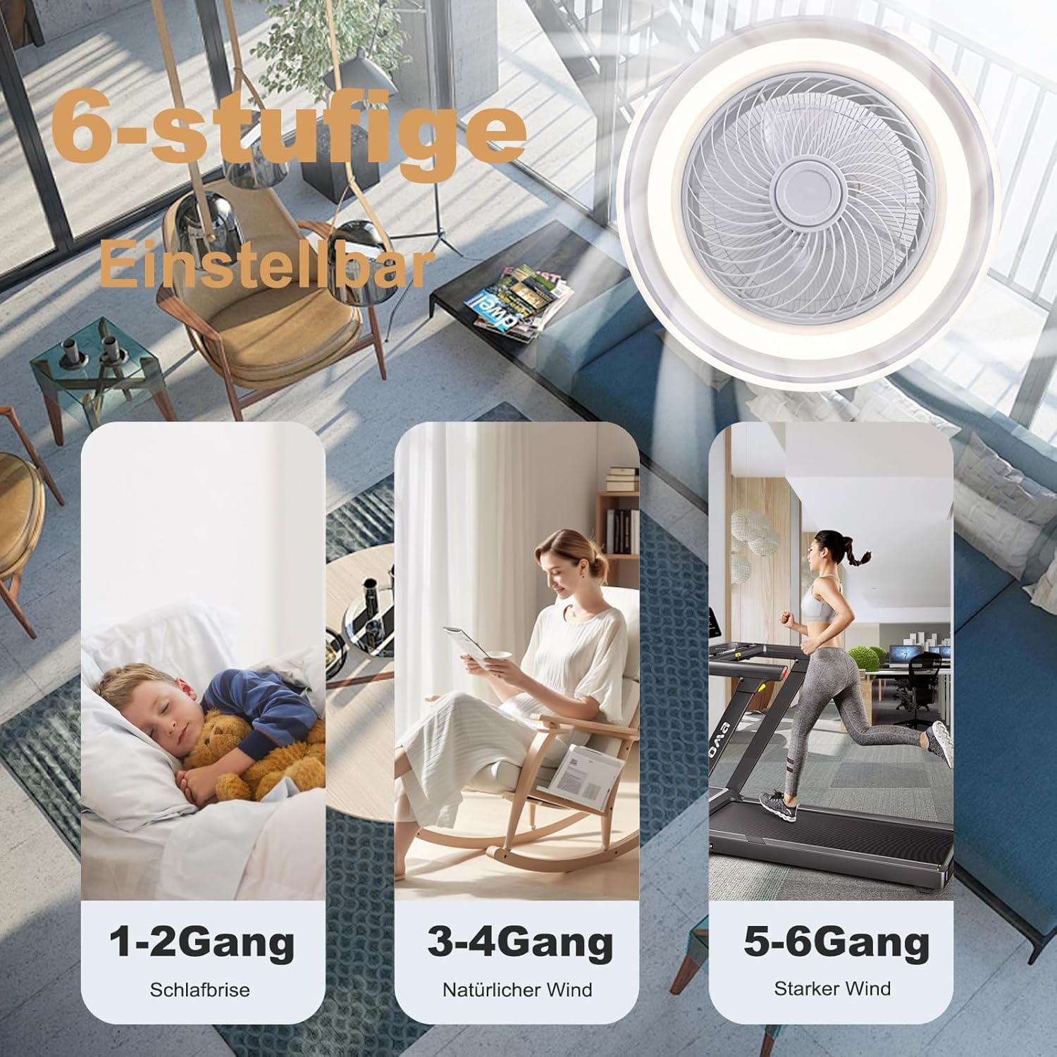 LED Deckenventilator mit Beleuchtung, Leiser DC-Motor, 70W Dimmbar, Fernbedienung & App, 6-Gang, Timer, Sommer/Winterbetrieb, 50cm Weiß