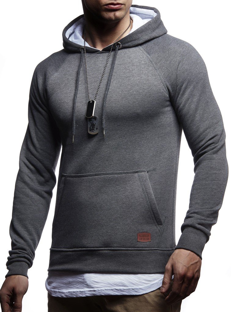 Leif Nelson Herren Kapuzenpullover Slim Fit Baumwolle-Anteil Moderner weißer Hoodie-Sweatshirt-Pulli Langarm schwarzer Pullover-Shirt mit Kapuze LN8125 Anthrazit 2in1 Medium