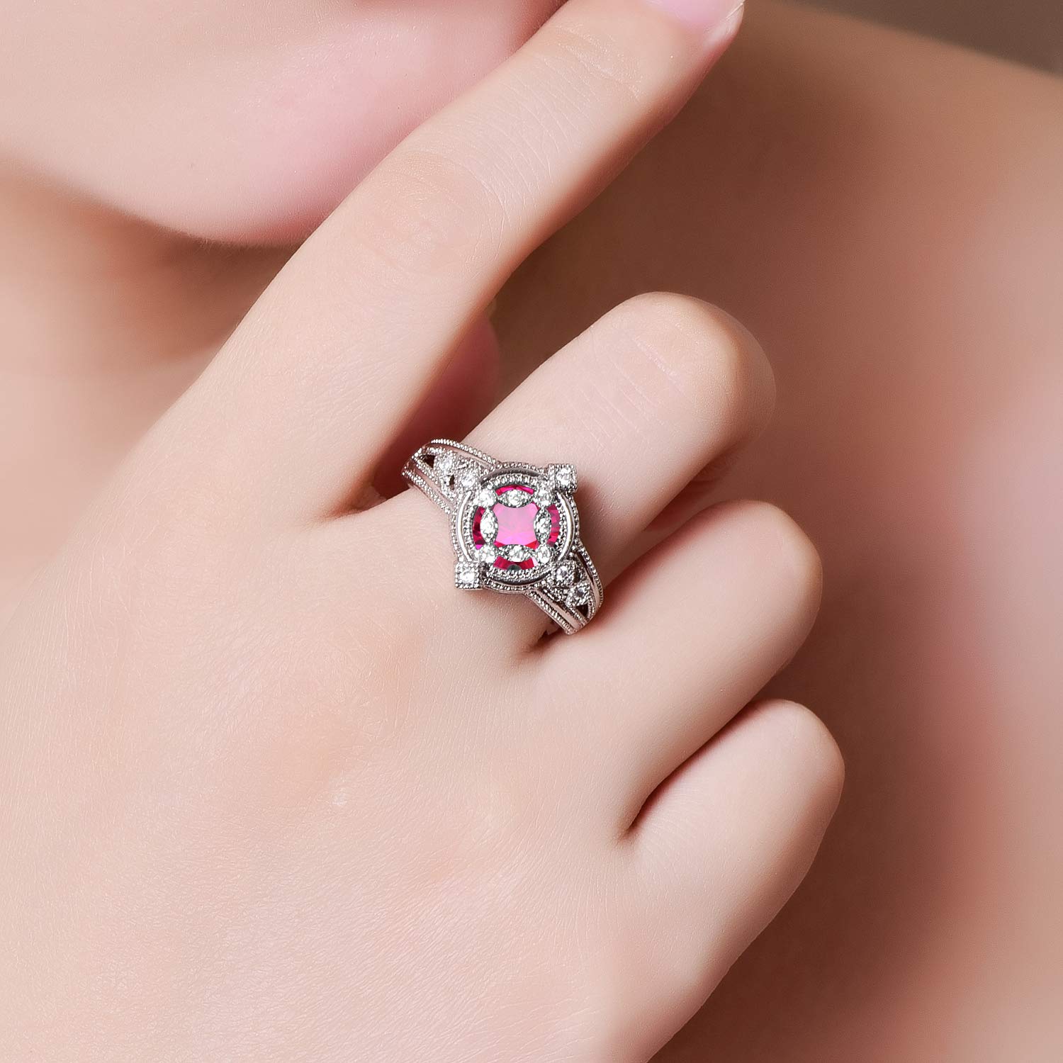 Emsione 925 Sterling Silver Plated Created Ruby Spinel Round Brilliant CZ Cut Cross Knot Anniversary Wedding Engagement Ring Band Size 7 Color Red