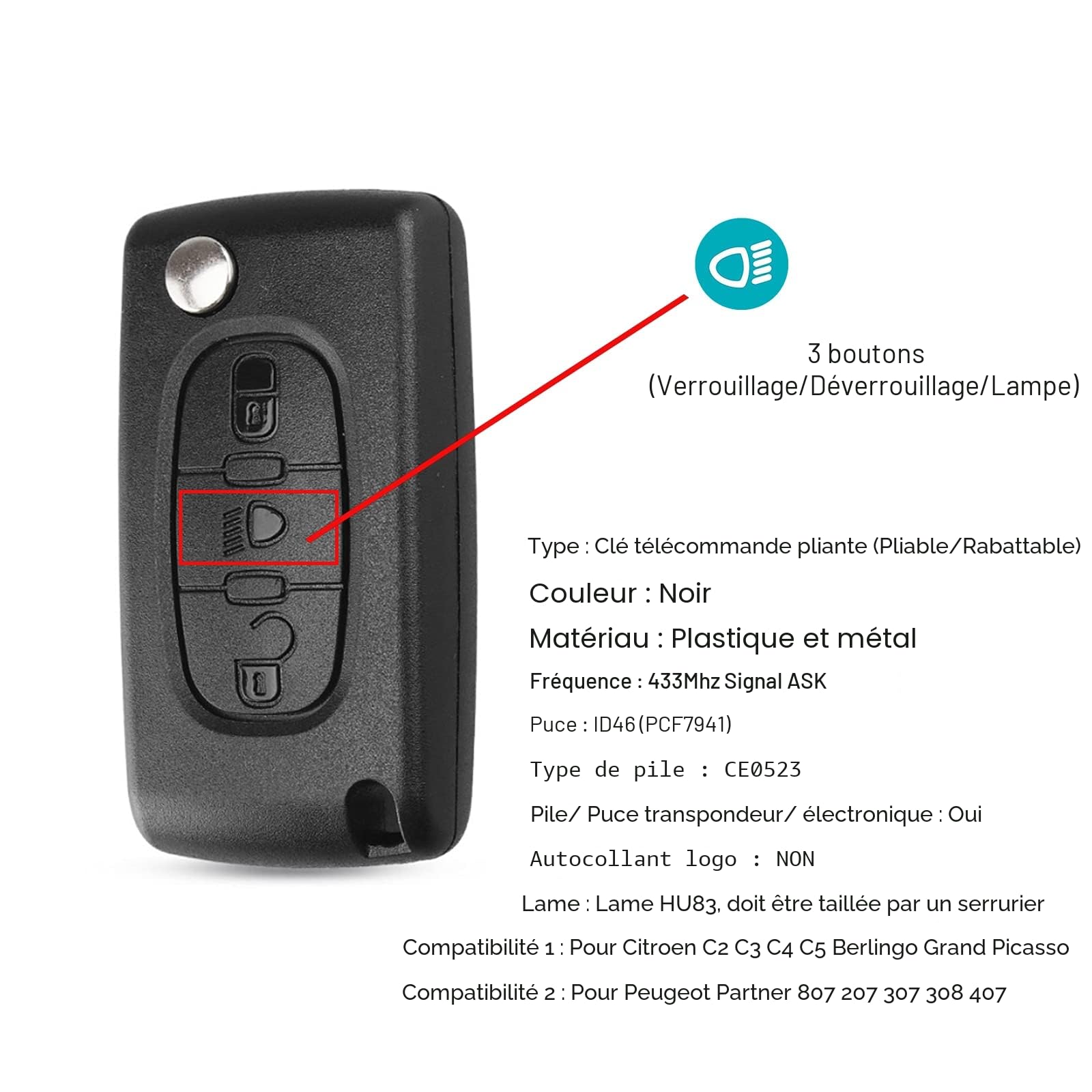 Heart Horse Clé de Rechange télécommande pour Peugeot 207 307 407 Citroen C2 C3 C4 C5, 3 Boutons Pliable Boîtier/Coque de Clé Télécommande avec 433MHz PCF7941 Chip, 307 clef télécommande (CE0523)
