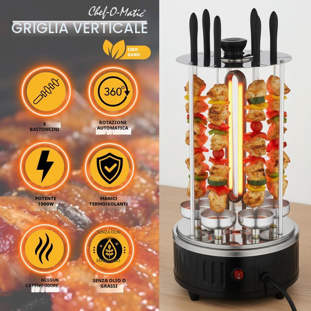 Vertical Grill, Griglia verticale senza olio e grasso,1000W, capacità di 6 spiedini, Rotazione automatica a 360°, facile da pulire, barbecue, ideale per spiedini alla griglia, kebab