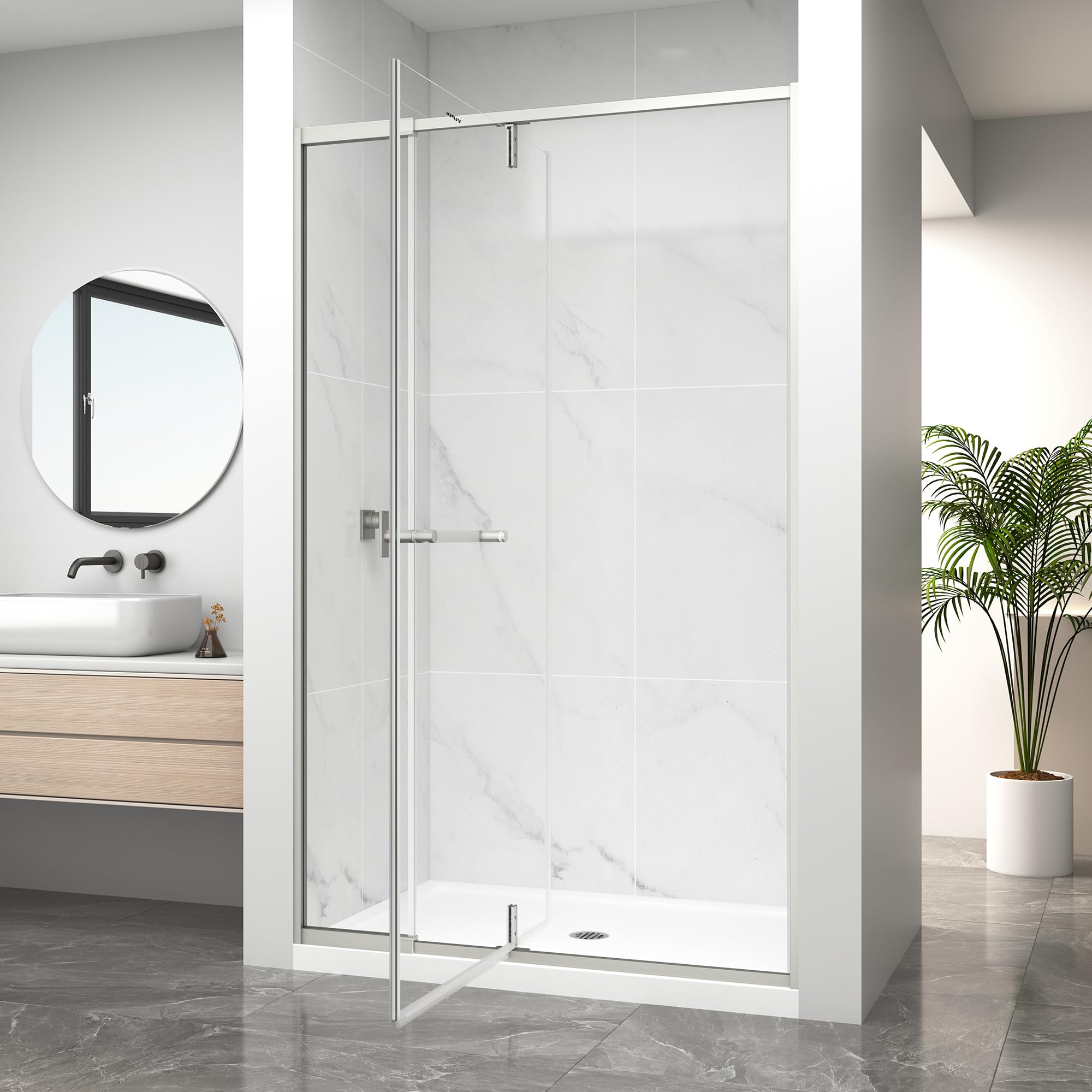 Photo 1 of KPUY Pivot Shower Door 42-48" W x 72" H Brushed Nickel----FACTORY SEALED 