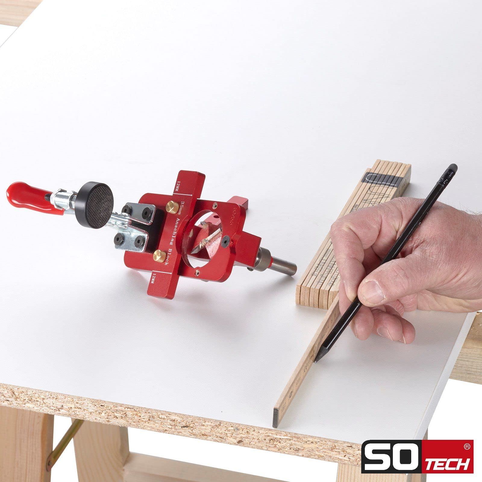 SOTECH Dima di foratura precisione alluminio con guida a sfere Righello di arresto regolabile e arresto di profondità per Ø 35 mm e interasse fori 52 mm
