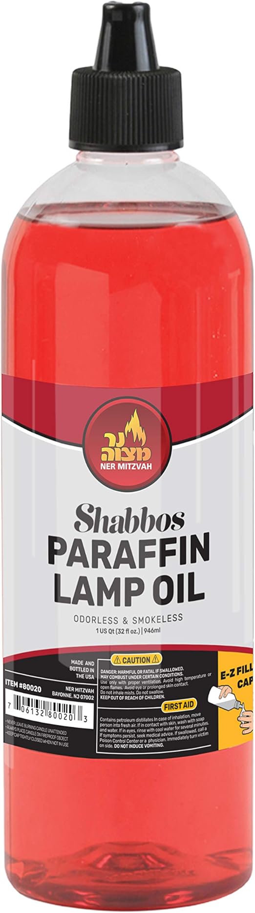 Ner Mitzvah Paraffin Lamp Oil, Red Smokeless, Odorless, Clean Burning Fuel for Indoor and Outdoor, Use with E - Z Fill Cap and Pouring Spout, 32oz