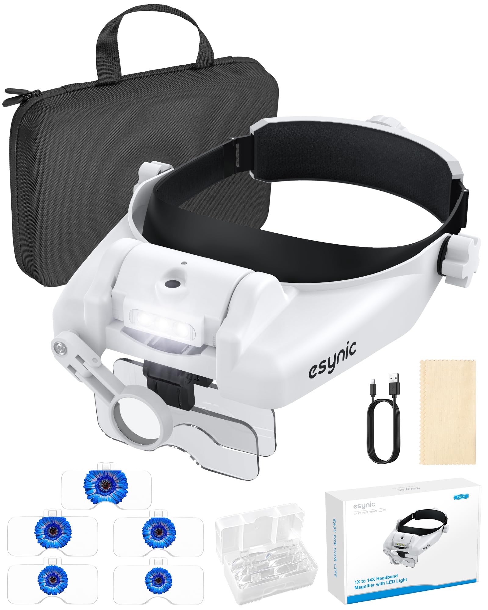 eSynic Gafas de Lupa Recargable con 3 LED, Lupa de Gran Aumento 1X a 14X con Ajuste de Brillo y 5 Lentes Desmontables (1.0X,1.5X,2.0X,2.5X,3.5X) para Manualidades,Leer,Coser,Reparación