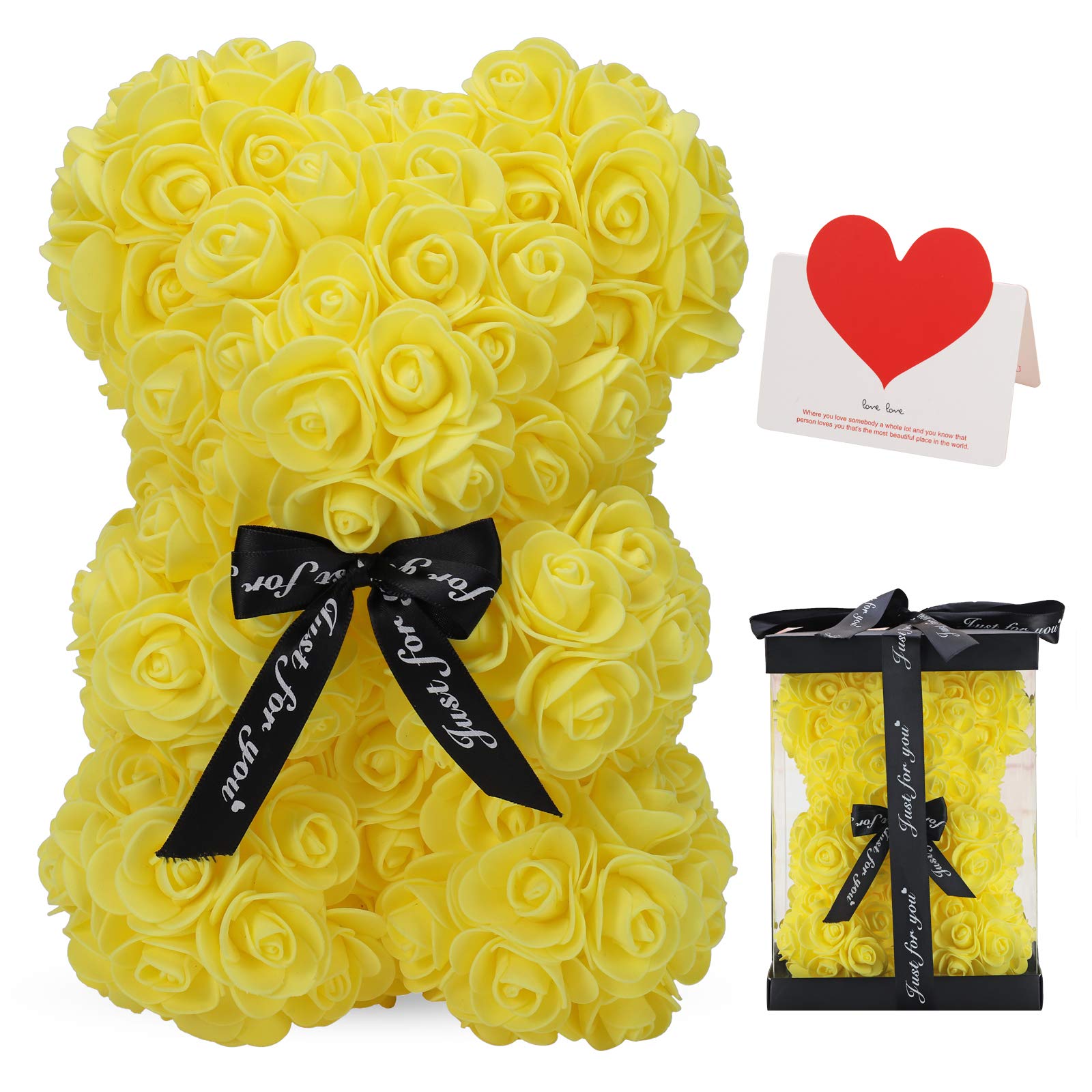 LINKLO Rose Bear Rose Teddy Bear -10 inch Artificial Rose Flower Bear, Gift for Wedding, Mothers Day and Anniversary, Including Transparent Gift Box (Yellow)
