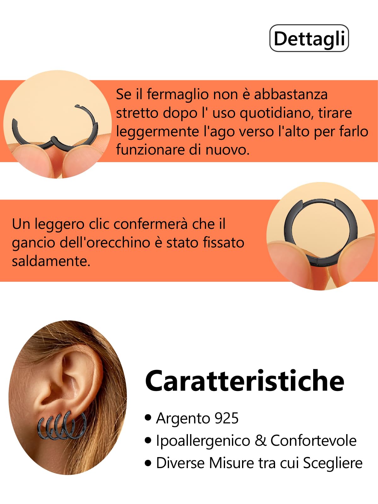 Silvora Orecchini Uomo Cerchio Argento 925, Orecchini Donna Argento Nero Oro Rosa, 6-20mm Orecchino a Cerchio Piccoli