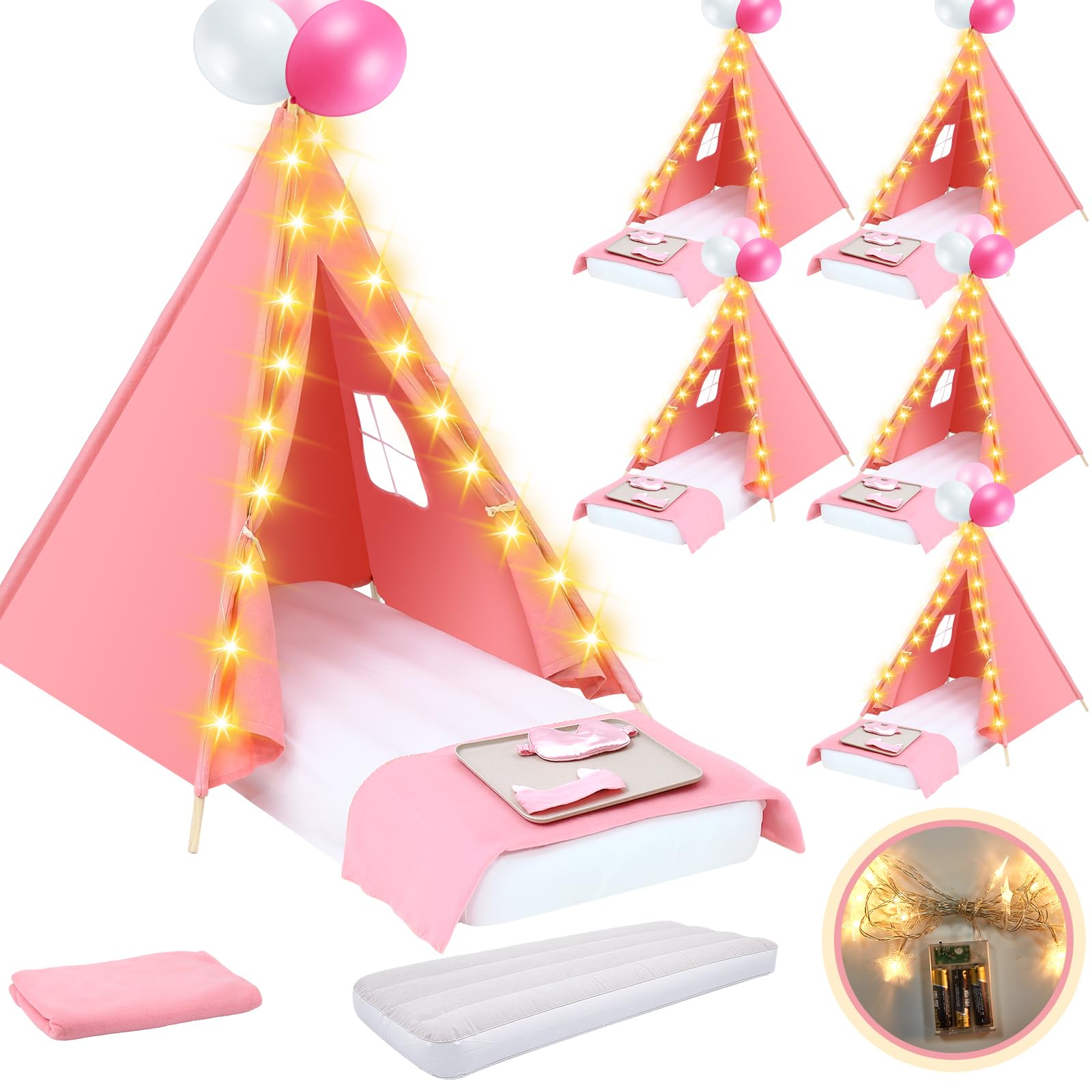 Windyun 6 Pack Kids Teepee Tent Bulk with Light and Inflatable Airbed, Natural Cotton Toddler Play Tent Washable for Girls Boys Indoor Outdoor Slumber Party Birthday Gifts (Pink)