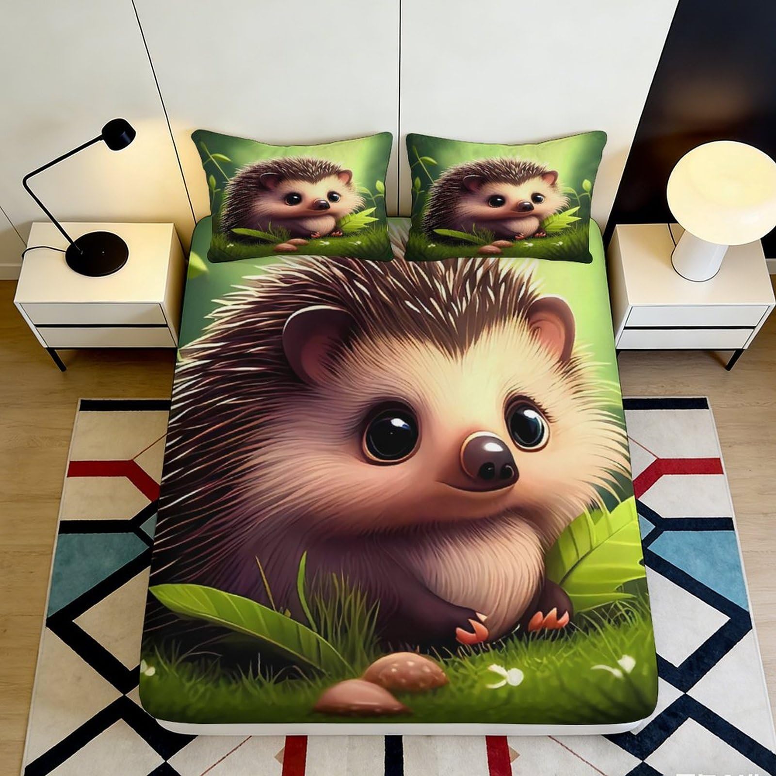 Uxinyoume Style-1 3D Printed Hedgehog Green Fitted Sheet Microfiber Soft Anti-Slip Forest Mattress Cover For Bedroom Dorm Easy Care Decor 90X200x25cm